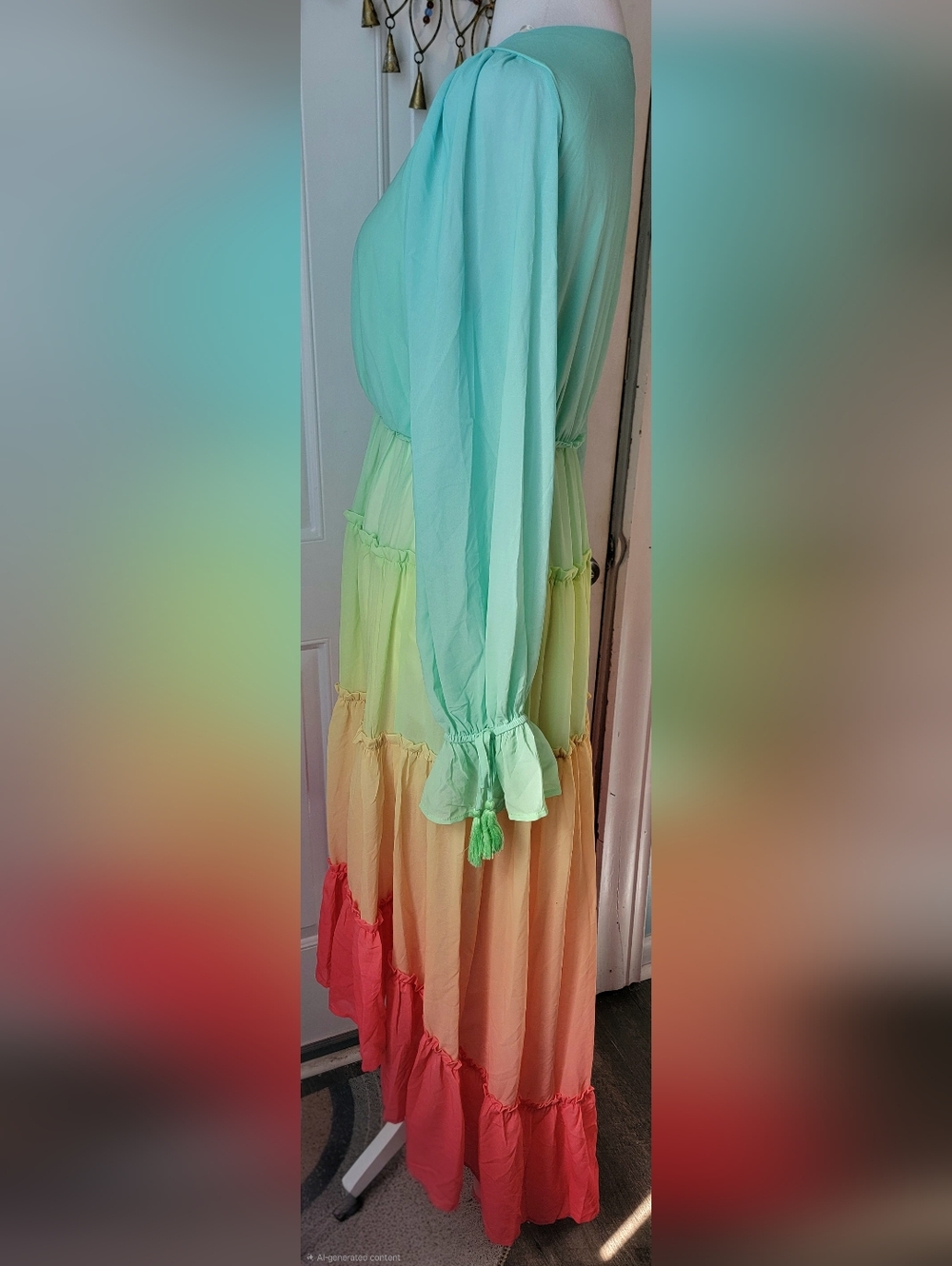 Champagne & Strawberry Tiered High Low Maxi Dress Womens S Pastel Ombre Long Sle - Picture 3 of 14